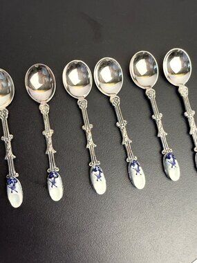 Delft Blue Ceramic Shoe Vintage Demitasse Spoons Ornate Silver Tone Handles 6 pc